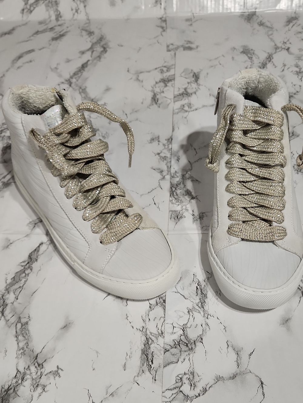 P448 Women's White High-Top Sneakers with Sparkle Laces